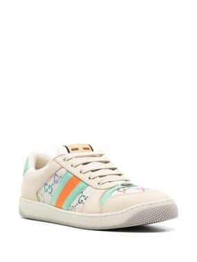 Gucci Cream Leather Sneaker with Mint Green & Orange Stripes